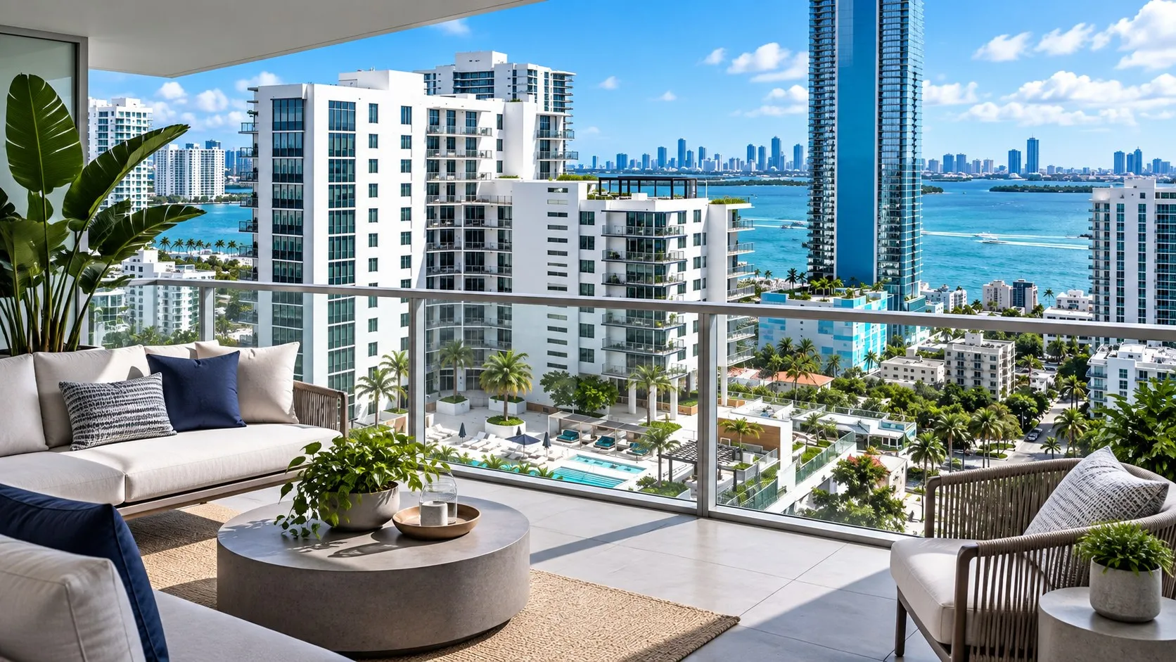 Balcony lounge with navy cushions overlooking the bay and towers