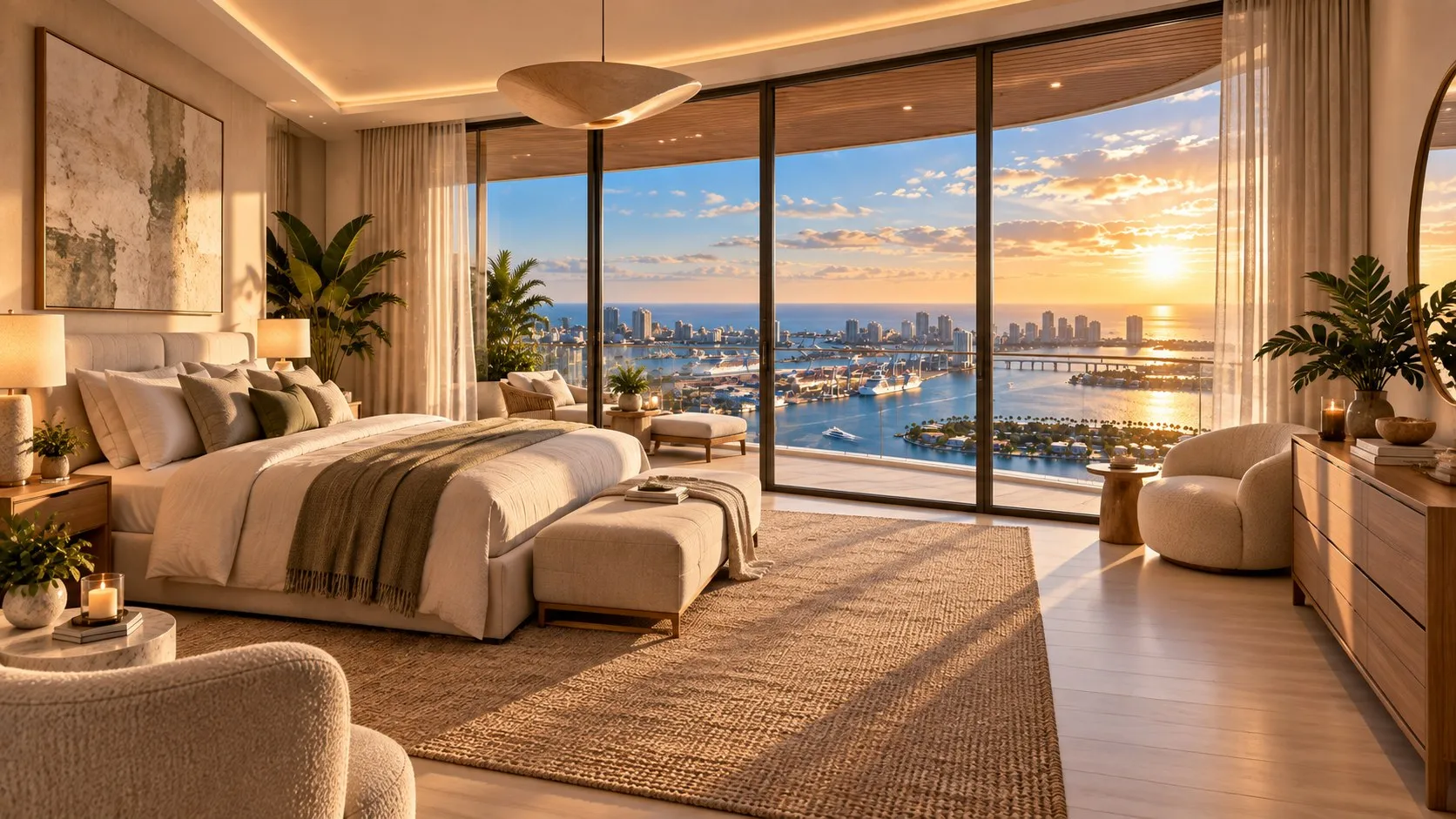 Primary bedroom with curved glass and sunset views