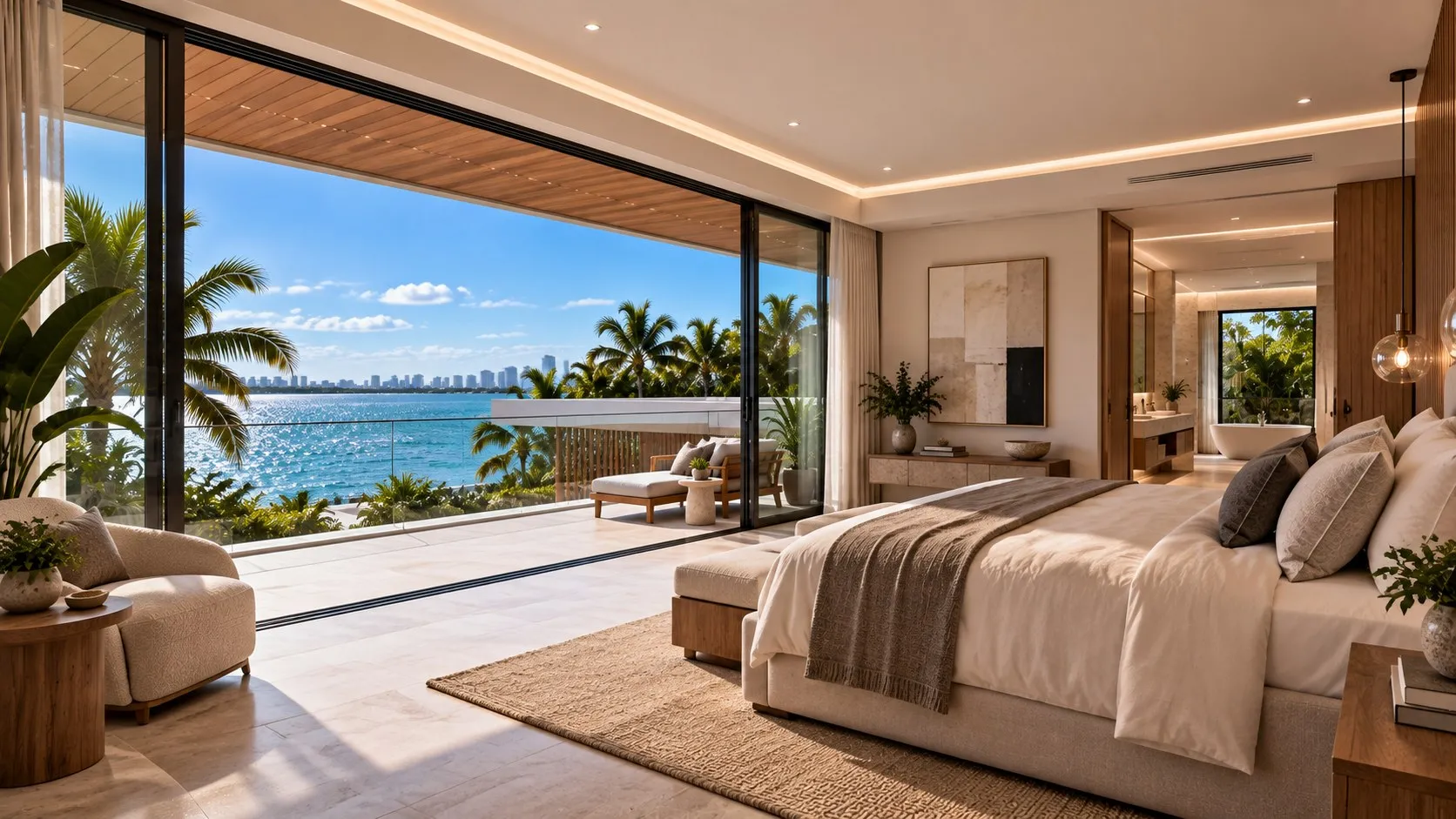 Primary bedroom opening onto a terrace over the bay
