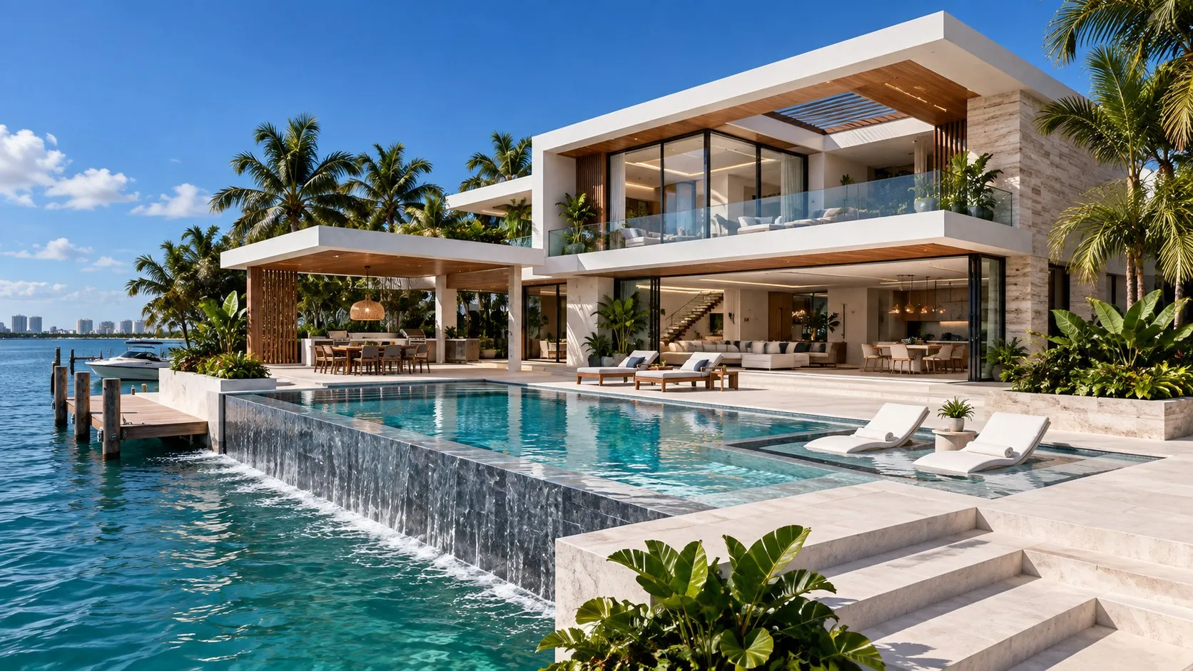 Modern waterfront villa with a cascading infinity pool on Biscayne Bay