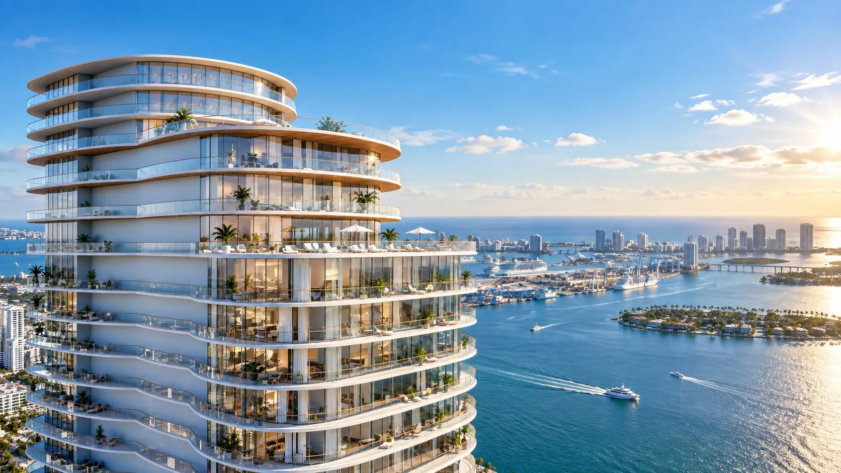Curved white tower beside the bay and islands by day