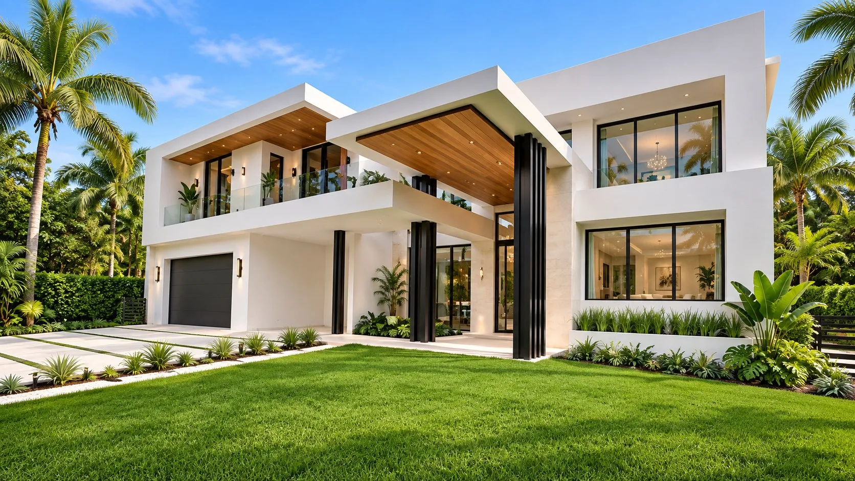 Modern white two-storey home with timber soffits, lawn and palms