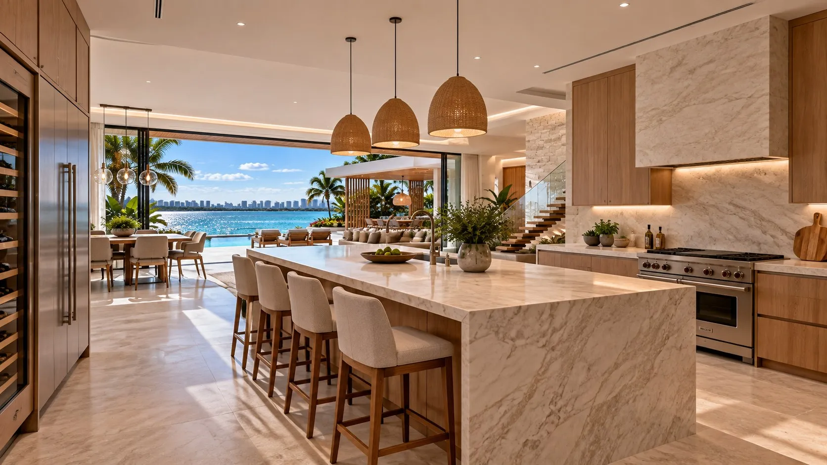 Marble kitchen island with rattan pendants and bay views