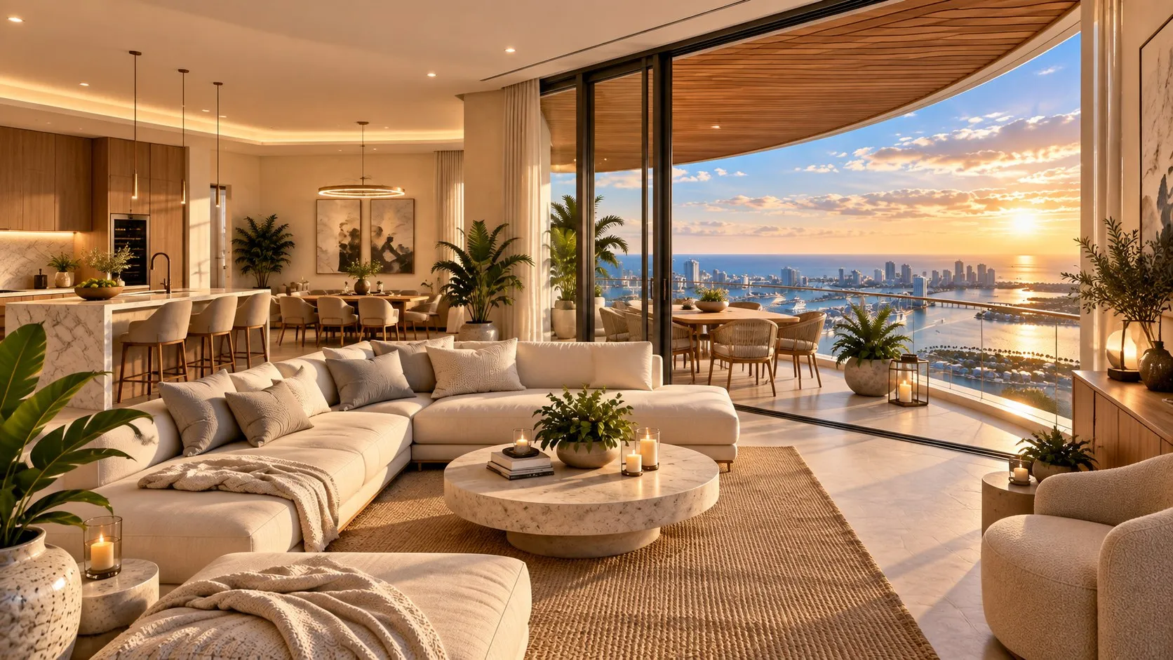 Warm living room opening onto a terrace over the bay at sunset