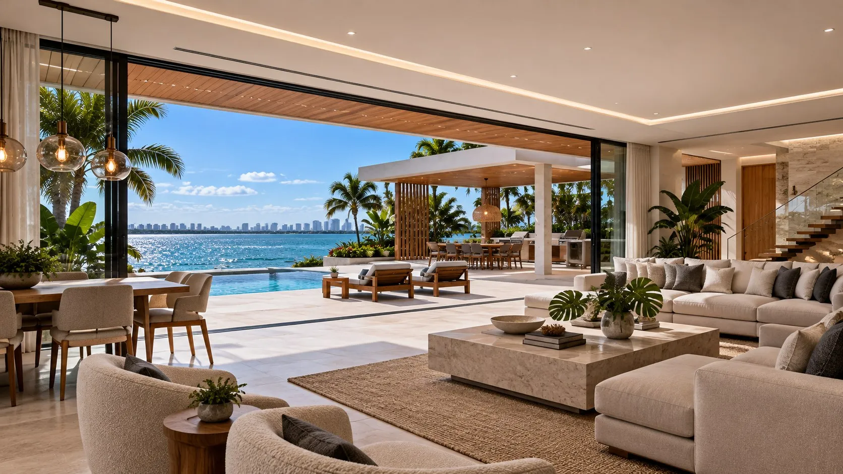 Open living room with floor-to-ceiling glass facing the bay