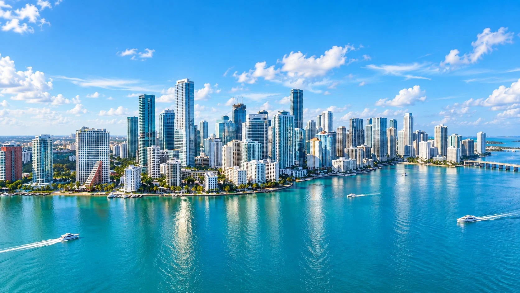 The Miami skyline across the turquoise water of Biscayne Bay