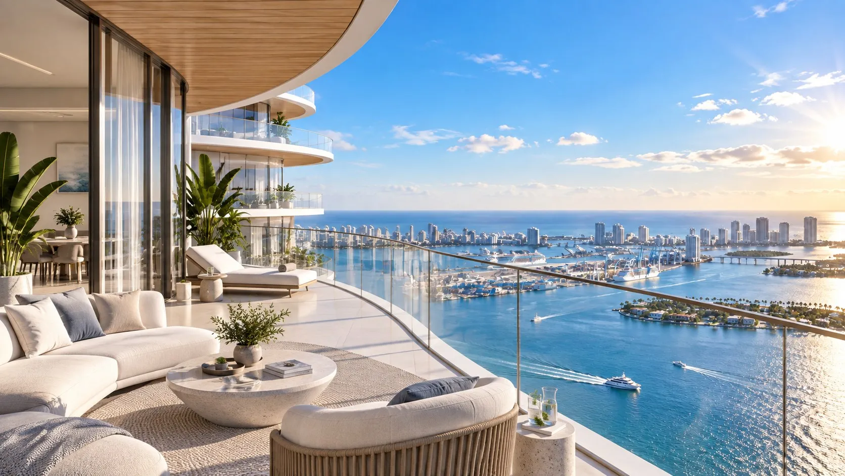 A curved penthouse terrace over the bay at golden hour