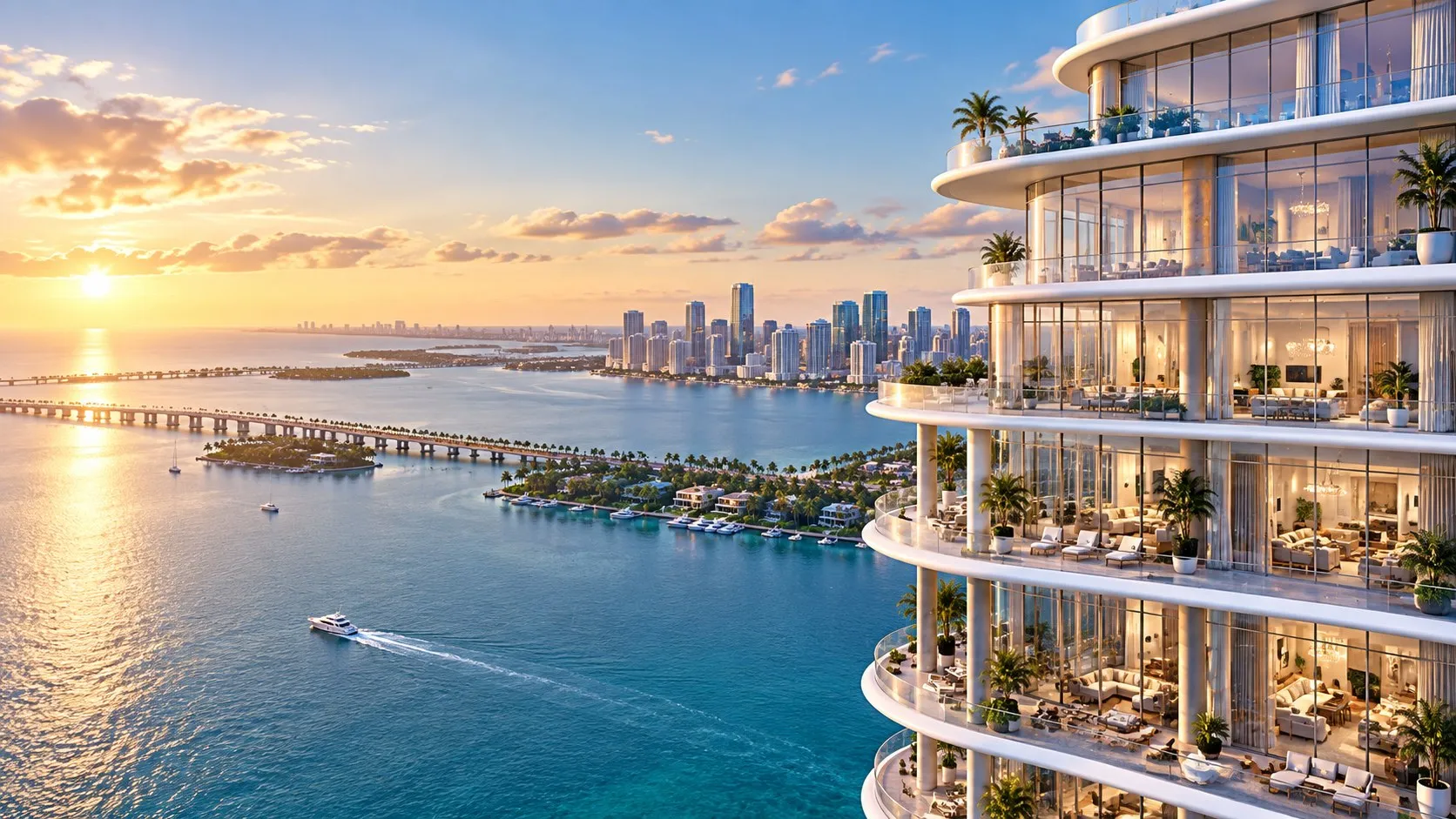 Curved glass tower with wraparound terraces above the bay at sunset