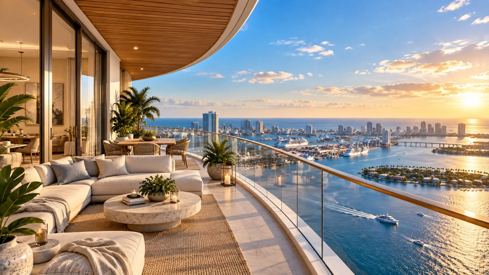 Curved terrace with sofas over the bay at sunset