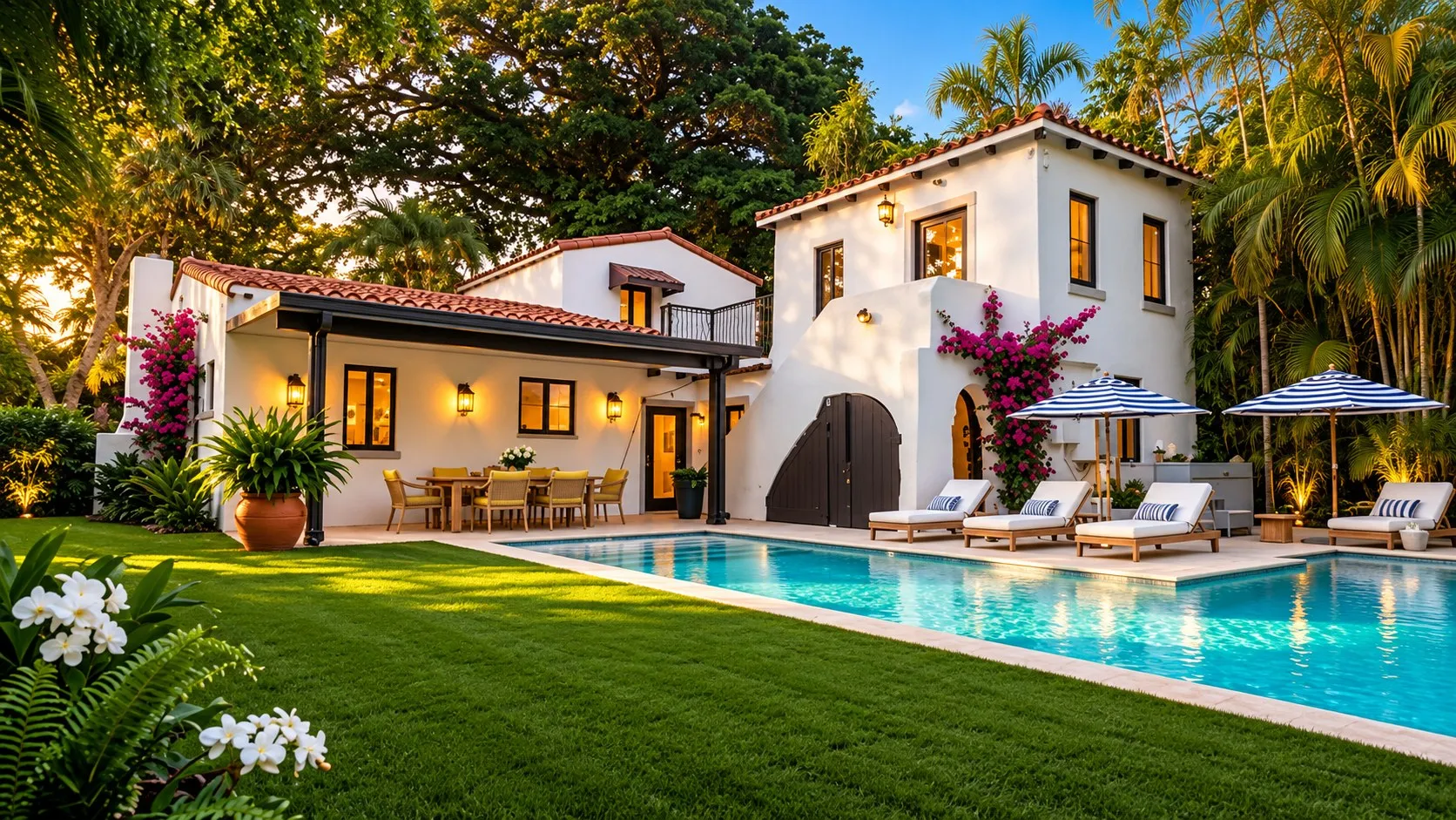 White Mediterranean revival villa with terracotta roof and pool among palms